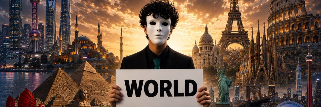 Anonymous figure holding WORLD sign